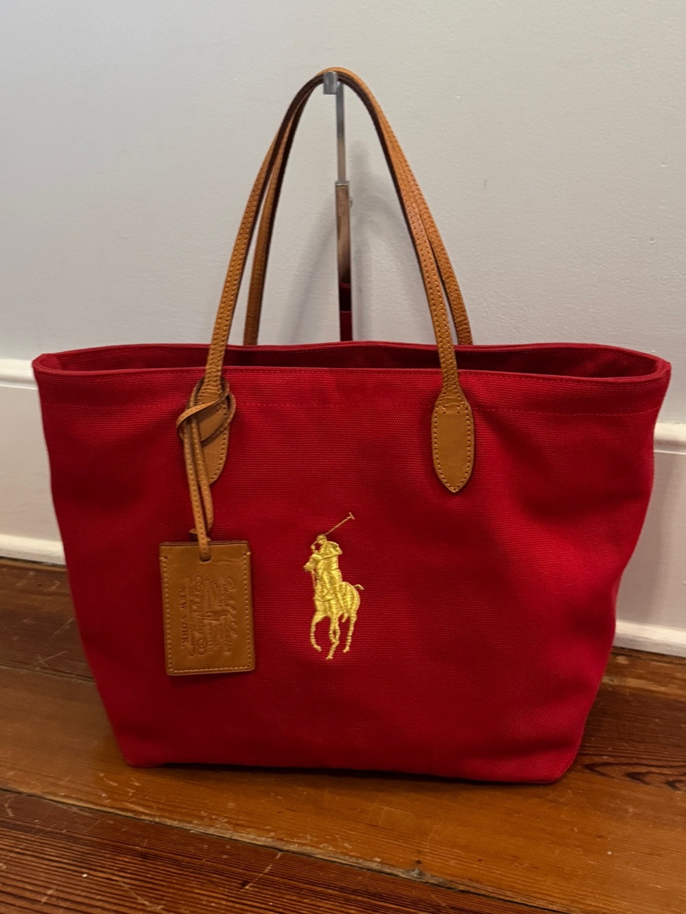 Ralph Lauren Collection Red Canvas Natural Leather Tote Bag Yellow Big Pony